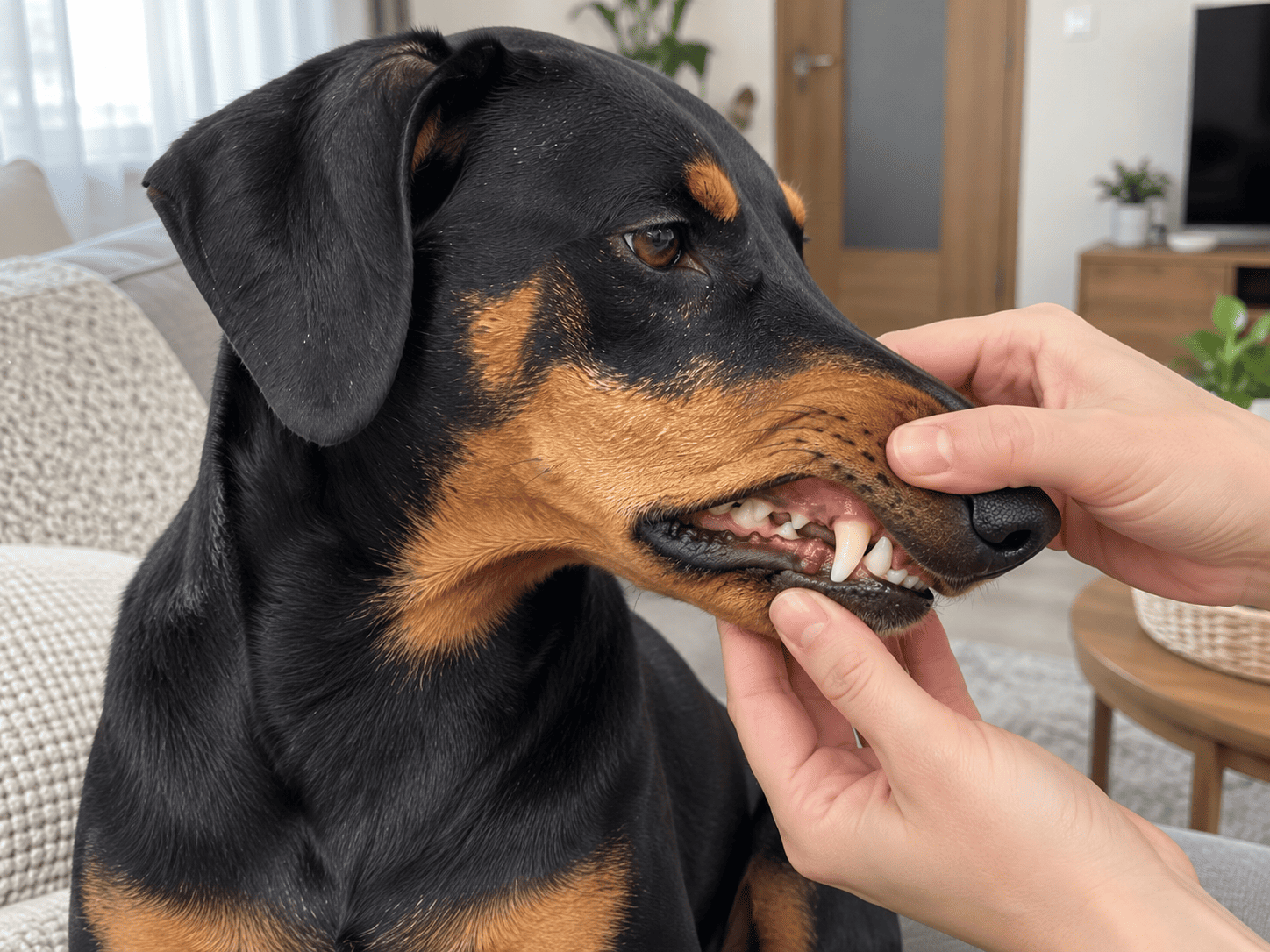 Majiteľ jemne kontroluje papuľu pokojného nemeckého pinča doma